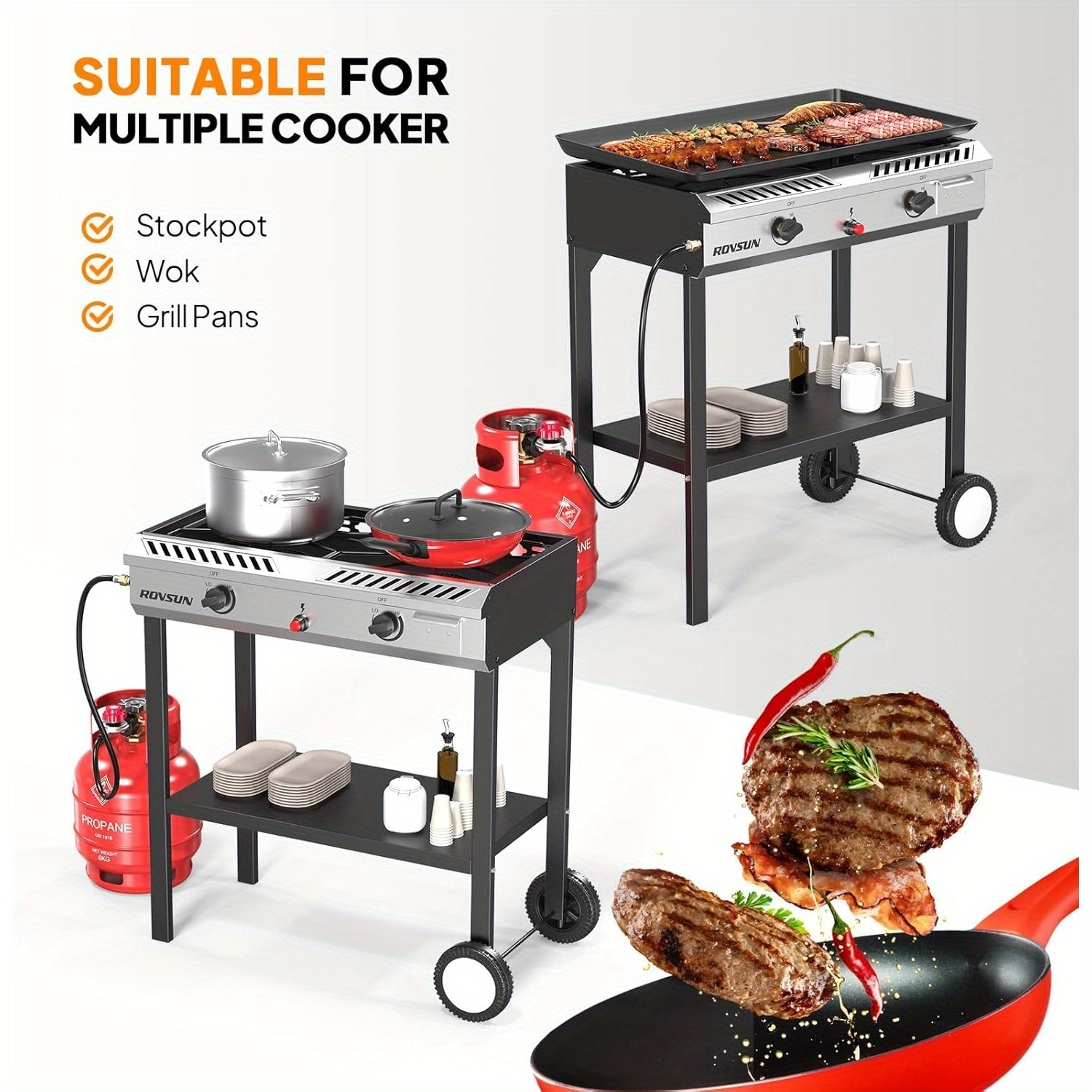 2 Burner Outdoor Propane Gas Stove with Auto-ignition, Regulator & Shelf, 150, 000 BTU Powerful Stand Cooker for Backyard Patio Cooking Home Brewing Canning Turkey Frying
