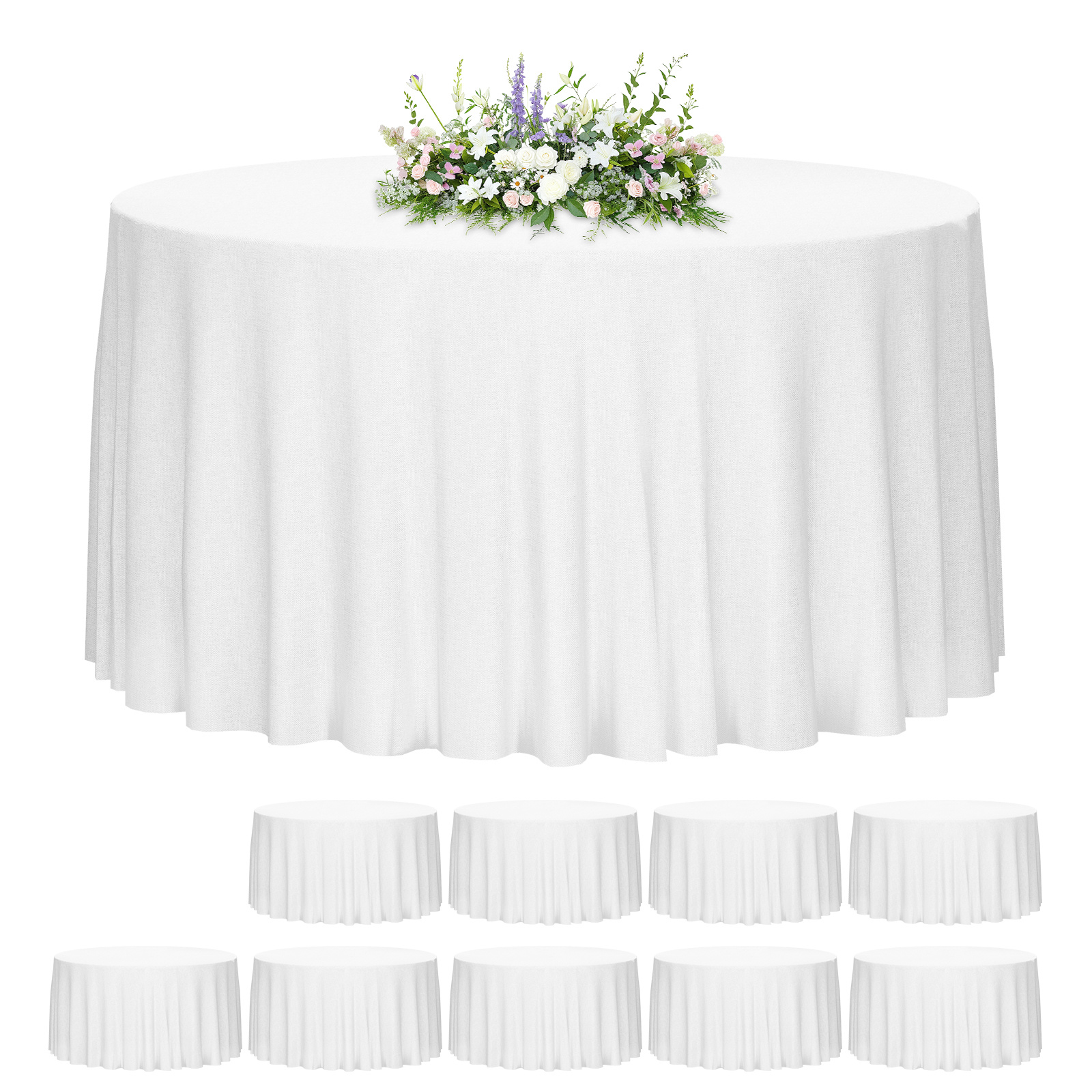 Whonline 10 Pack White Round Tablecloths - 90/120 Inches in Diameter - Washable Table Clothes, Polyester Fabric Table Covers for Wedding, Party, Banquet, Formal Events（Black/White）