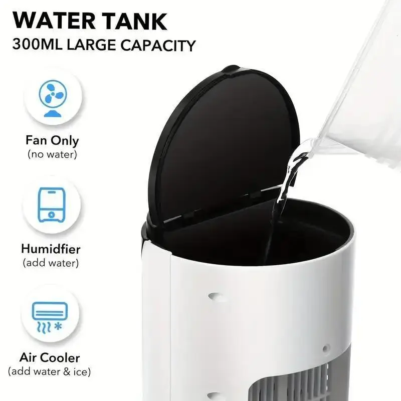 3-in-1 portable air conditioner, humidifier & fan with atmosphere light - usb-powered for indoor/outdoor use, for office & home, sleek , portable humidifier stylish gadget durable plastic, air conditioner portable details 6