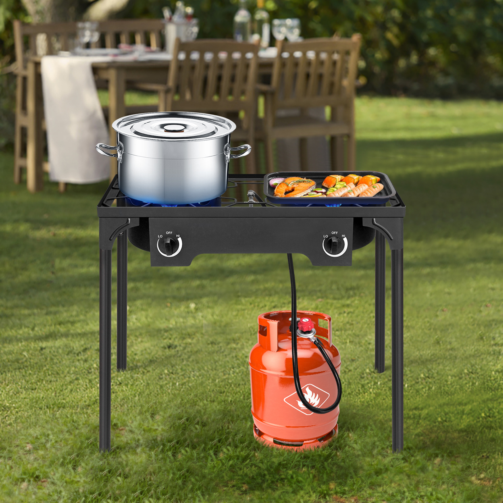 2 Burner Outdoor Propane Gas Stove 150, 000 BTU High Pressure Stand Cooker for Backyard Cooking Camping Home Brewing Canning Turkey Frying, 20 PSI Regulator
