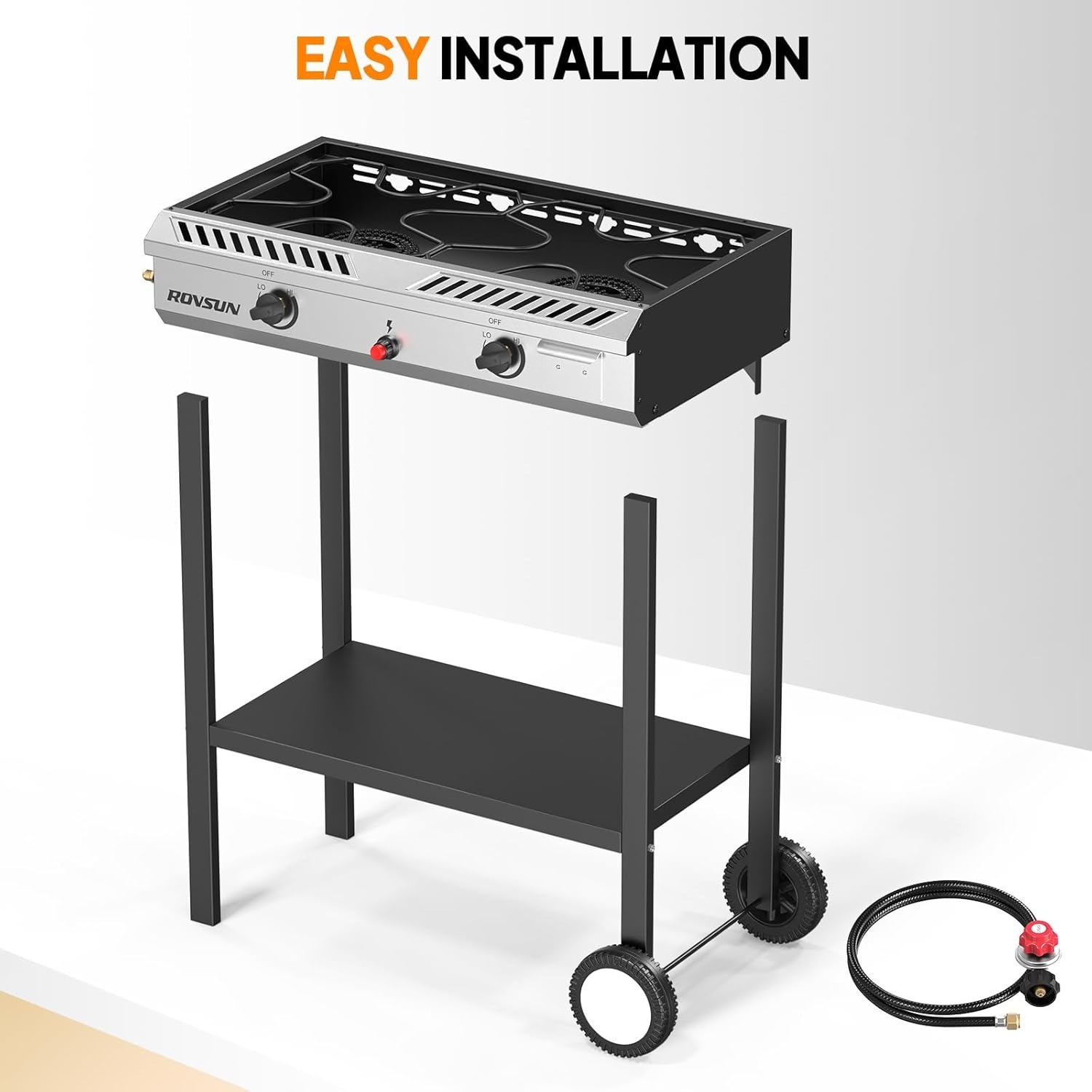 2 Burner Outdoor Propane Gas Stove with Auto-ignition, Regulator & Shelf, 150, 000 BTU Powerful Stand Cooker for Backyard Patio Cooking Home Brewing Canning Turkey Frying
