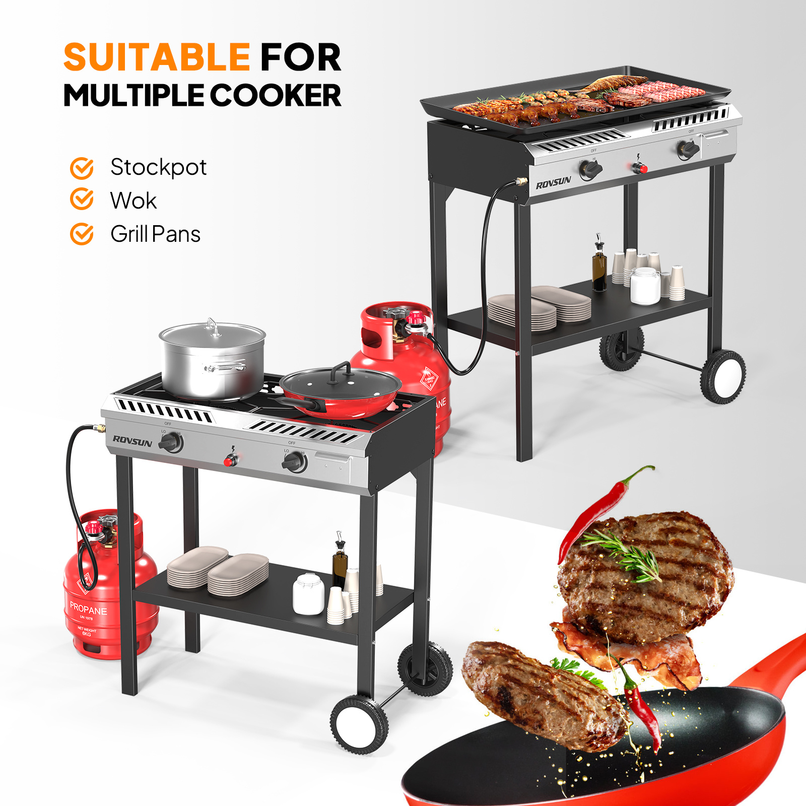 2 Burner Outdoor Propane Gas Stove with Auto-ignition, Regulator & Shelf, 150, 000 BTU Powerful Stand Cooker for Backyard Patio Cooking Home Brewing Canning Turkey Frying