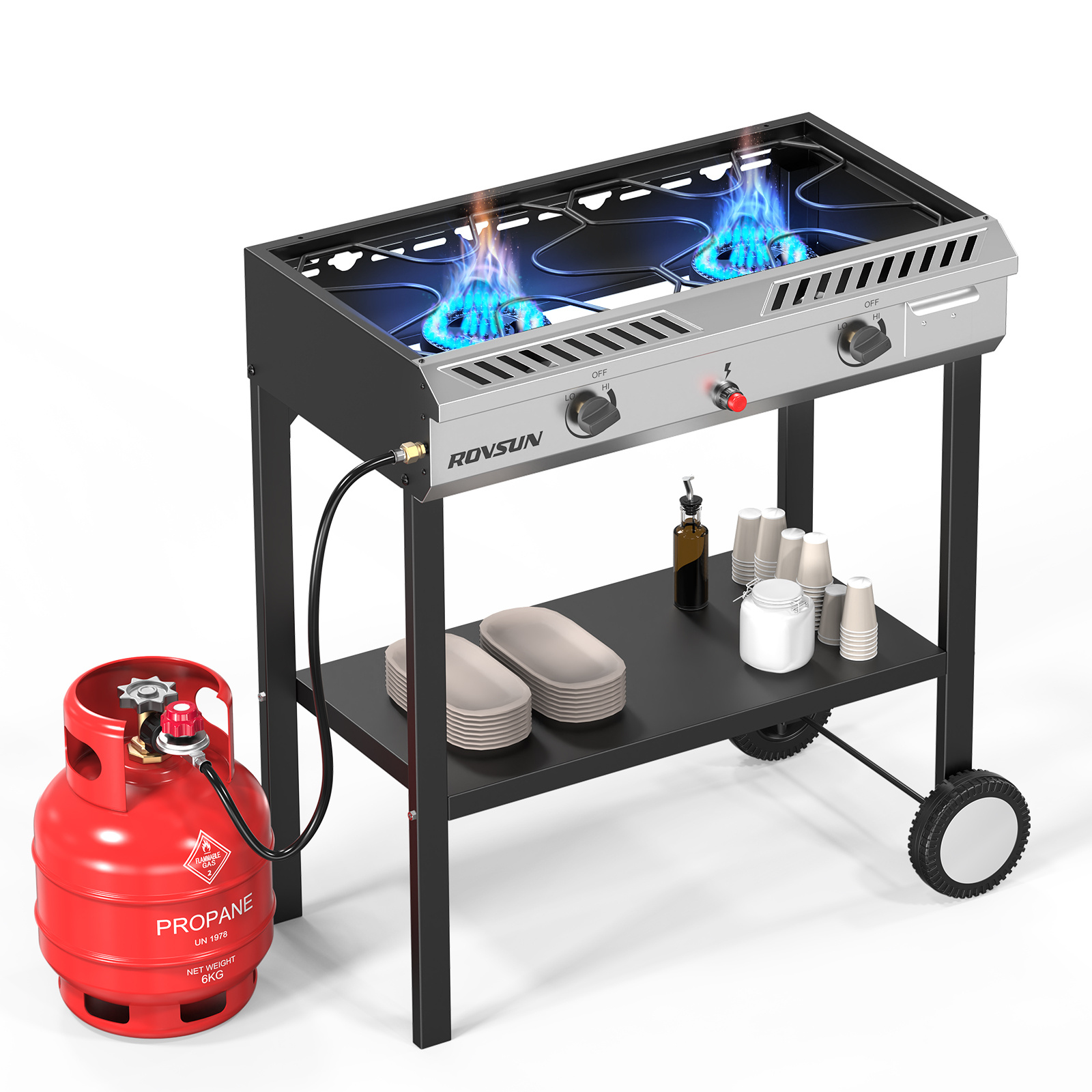 2 Burner Outdoor Propane Gas Stove with Auto-ignition, Regulator & Shelf, 150, 000 BTU Powerful Stand Cooker for Backyard Patio Cooking Home Brewing Canning Turkey Frying