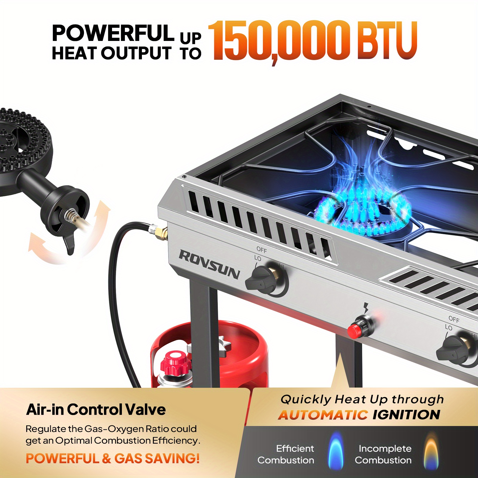 2 Burner Outdoor Propane Gas Stove with Auto-ignition, Regulator & Shelf, 150, 000 BTU Powerful Stand Cooker for Backyard Patio Cooking Home Brewing Canning Turkey Frying
