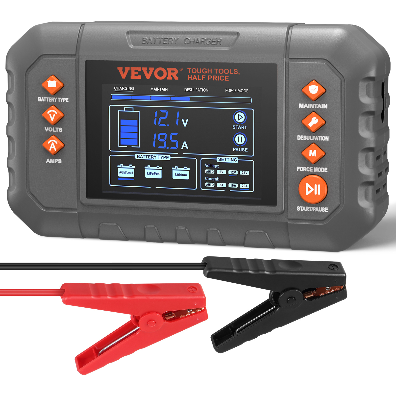 Vevor Smart Battery Charger, 20-amp, Lithium Lifepo4 Lead-acid (agm / Gel / Sla) Car Battery Charger With Lcd Display, Trickle Charger Maintainer Desulfator For Boat Motorcycle Lawn Mower Deep Cycle