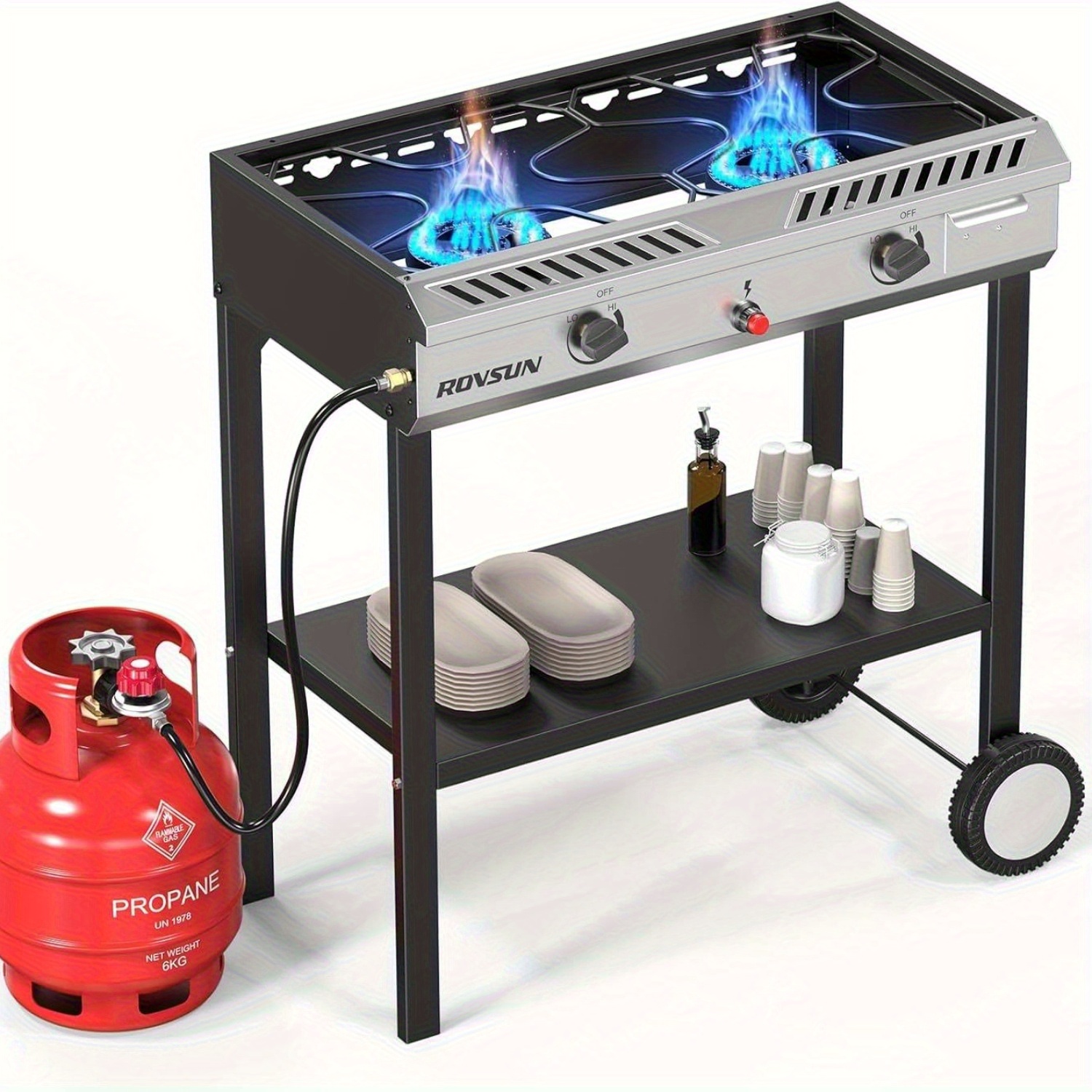 2 Burner Outdoor Propane Gas Stove with Auto-ignition, Regulator & Shelf, 150, 000 BTU Powerful Stand Cooker for Backyard Patio Cooking Home Brewing Canning Turkey Frying