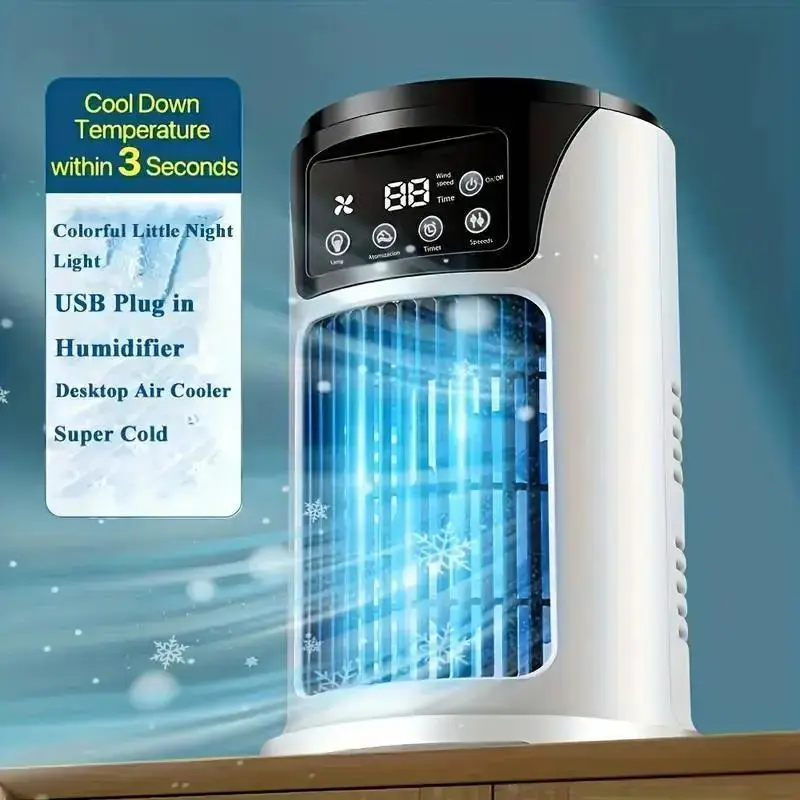 3-in-1 portable air conditioner, humidifier & fan with atmosphere light - usb-powered for indoor/outdoor use, for office & home, sleek , portable humidifier stylish gadget durable plastic, air conditioner portable details 1