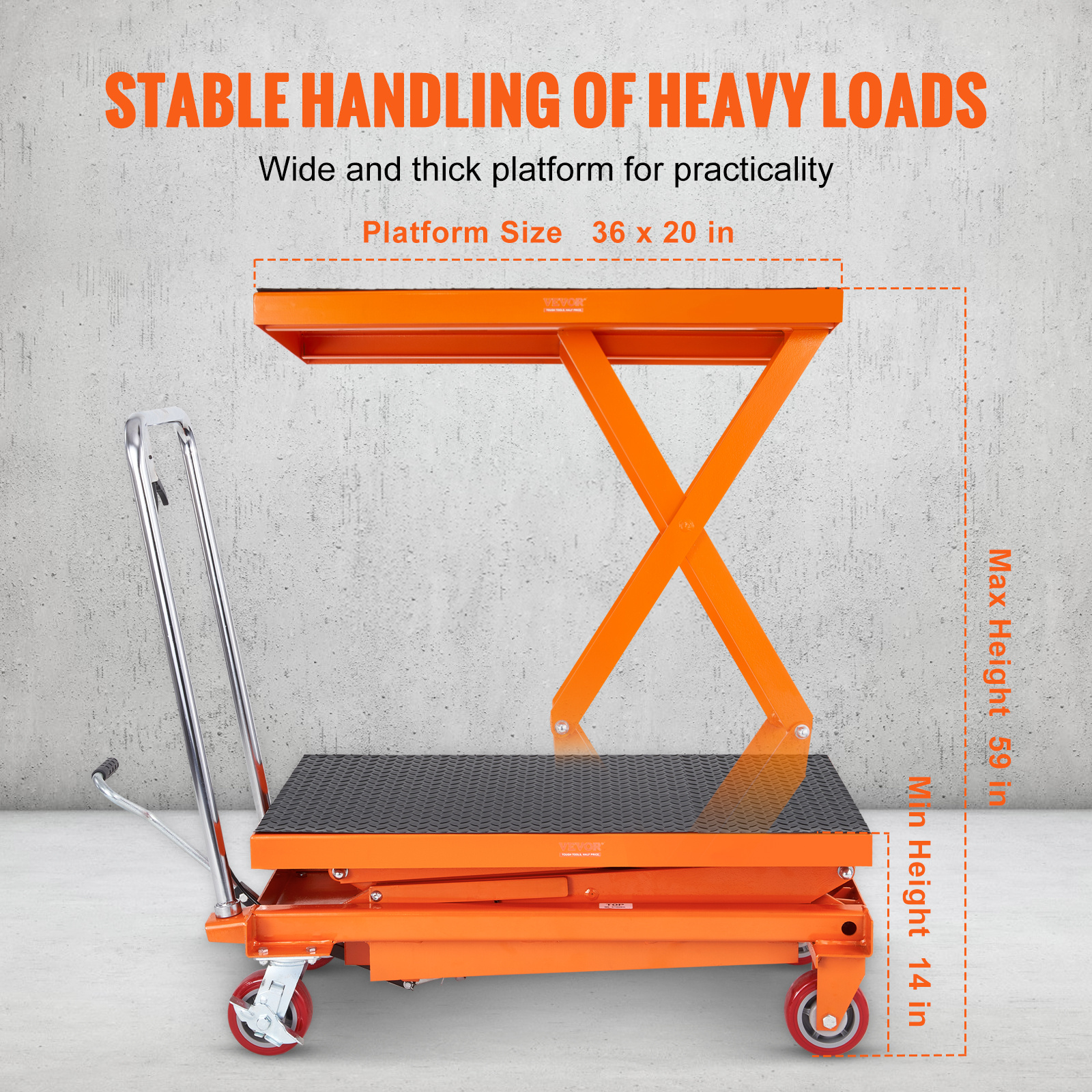 hydraulic lift table cart 770 1760lbs capacity 59 lifting height manual double scissor lift table with 4 wheels and non slip pad hydraulic scissor cart for material handling and transportation Product details 4