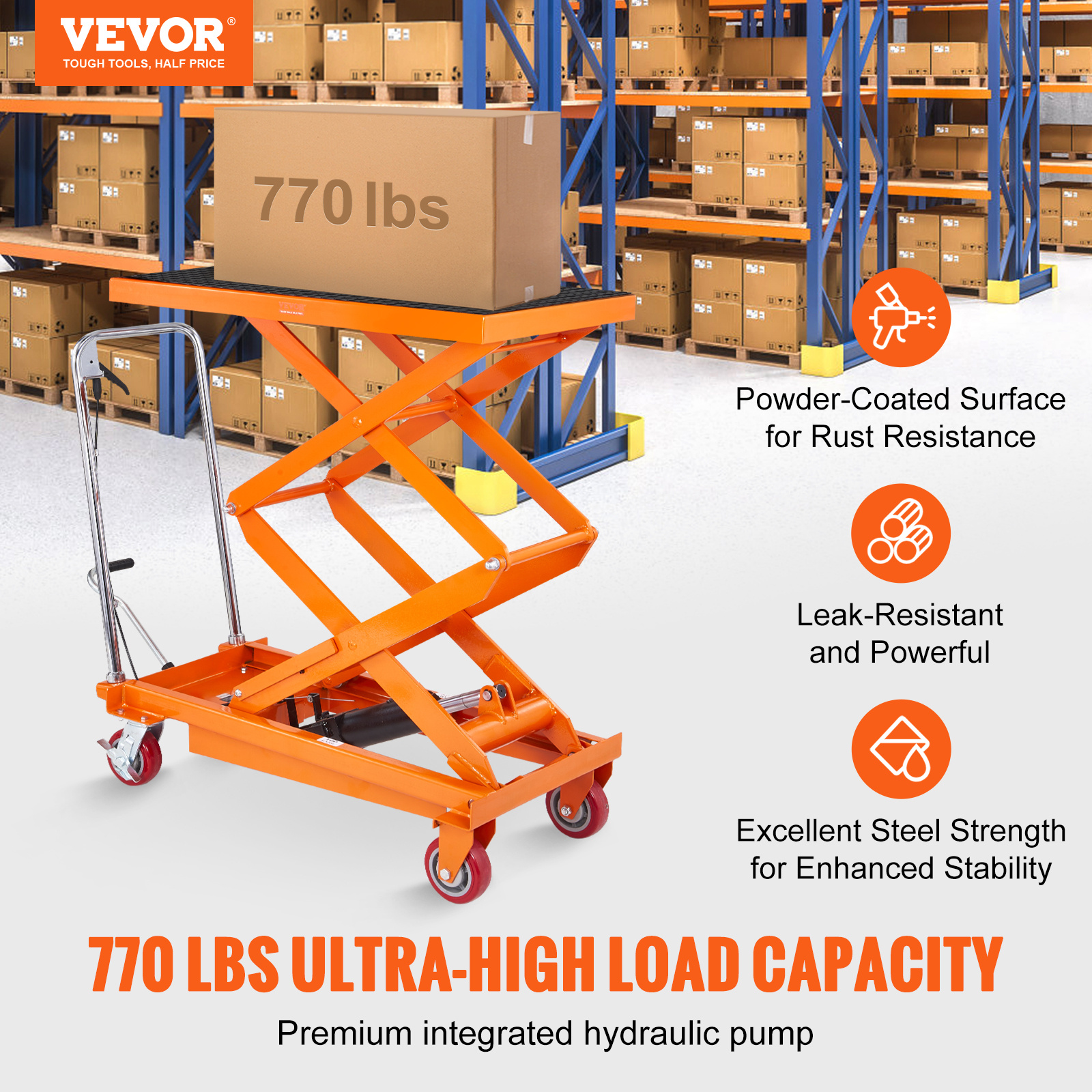 hydraulic lift table cart 770 1760lbs capacity 59 lifting height manual double scissor lift table with 4 wheels and non slip pad hydraulic scissor cart for material handling and transportation Product details 2