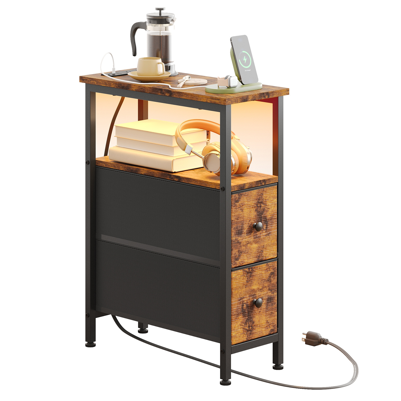WHONLINE Narrow End Table Living Room with Charging Station, Skinny Side Table with Fabric Drawers, Slim LED Nightstand for Bedroom, Small Spaces, Couch, Rustic Brown