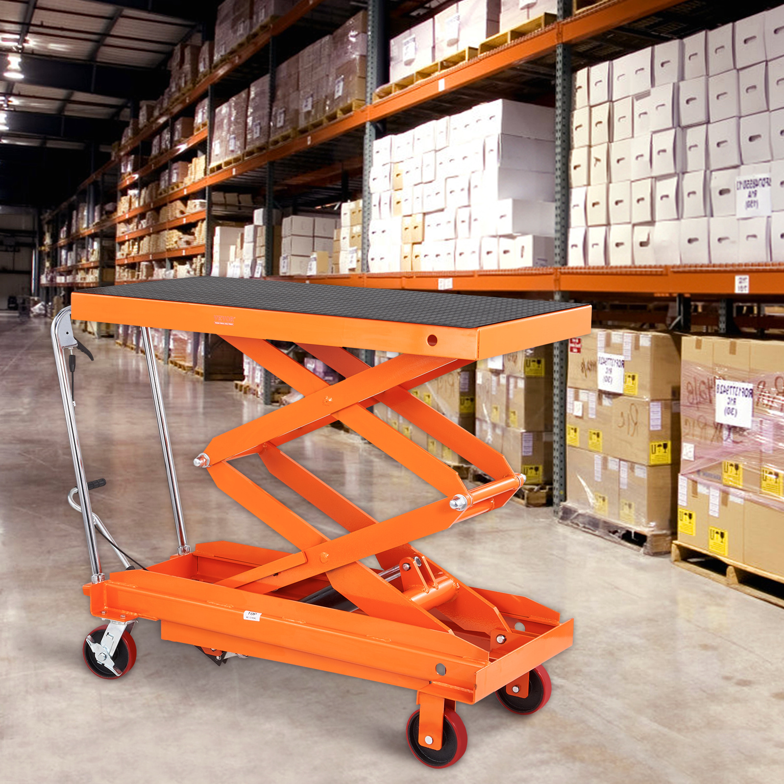 hydraulic lift table cart 770 1760lbs capacity 59 lifting height manual double scissor lift table with 4 wheels and non slip pad hydraulic scissor cart for material handling and transportation Product details 10