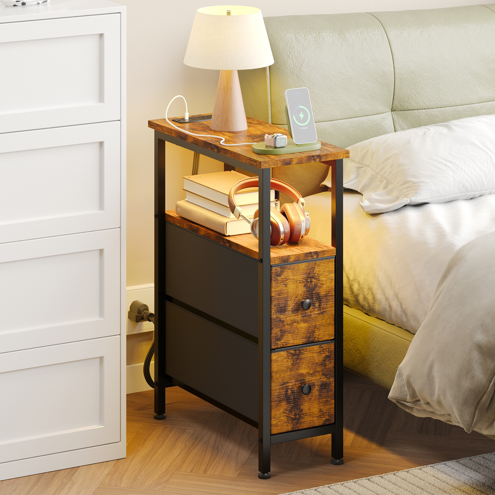 WHONLINE Narrow End Table Living Room with Charging Station, Skinny Side Table with Fabric Drawers, Slim LED Nightstand for Bedroom, Small Spaces, Couch, Rustic Brown