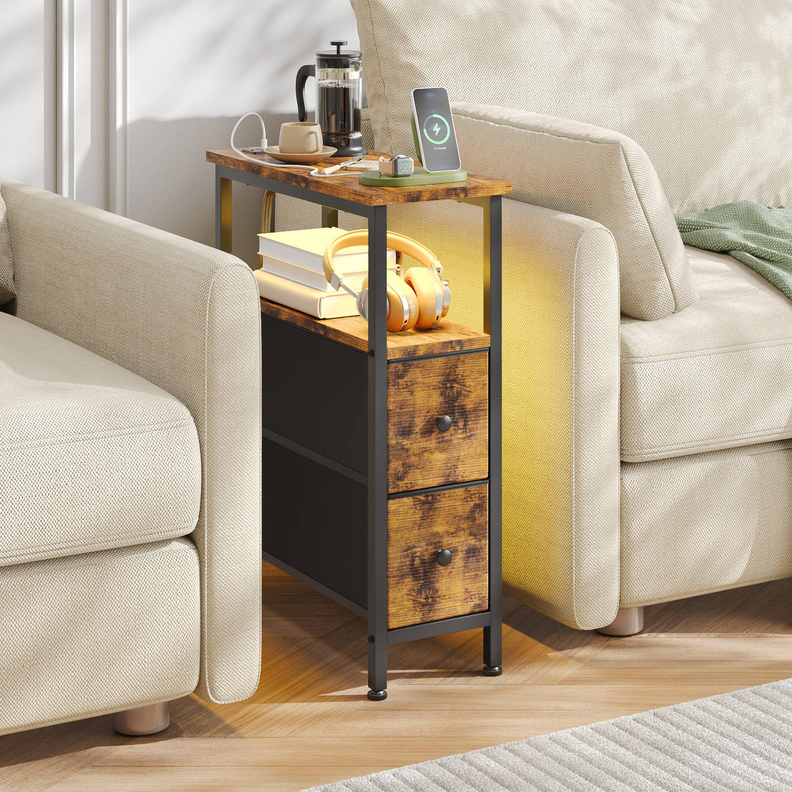 WHONLINE Narrow End Table Living Room with Charging Station, Skinny Side Table with Fabric Drawers, Slim LED Nightstand for Bedroom, Small Spaces, Couch, Rustic Brown