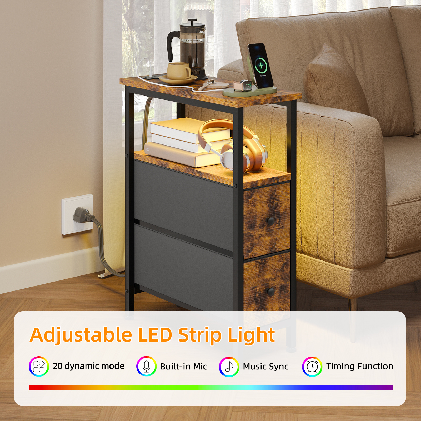 WHONLINE Narrow End Table Living Room with Charging Station, Skinny Side Table with Fabric Drawers, Slim LED Nightstand for Bedroom, Small Spaces, Couch, Rustic Brown