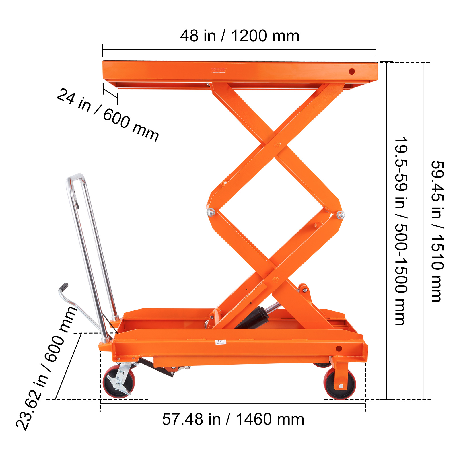 hydraulic lift table cart 770 1760lbs capacity 59 lifting height manual double scissor lift table with 4 wheels and non slip pad hydraulic scissor cart for material handling and transportation Product details 12