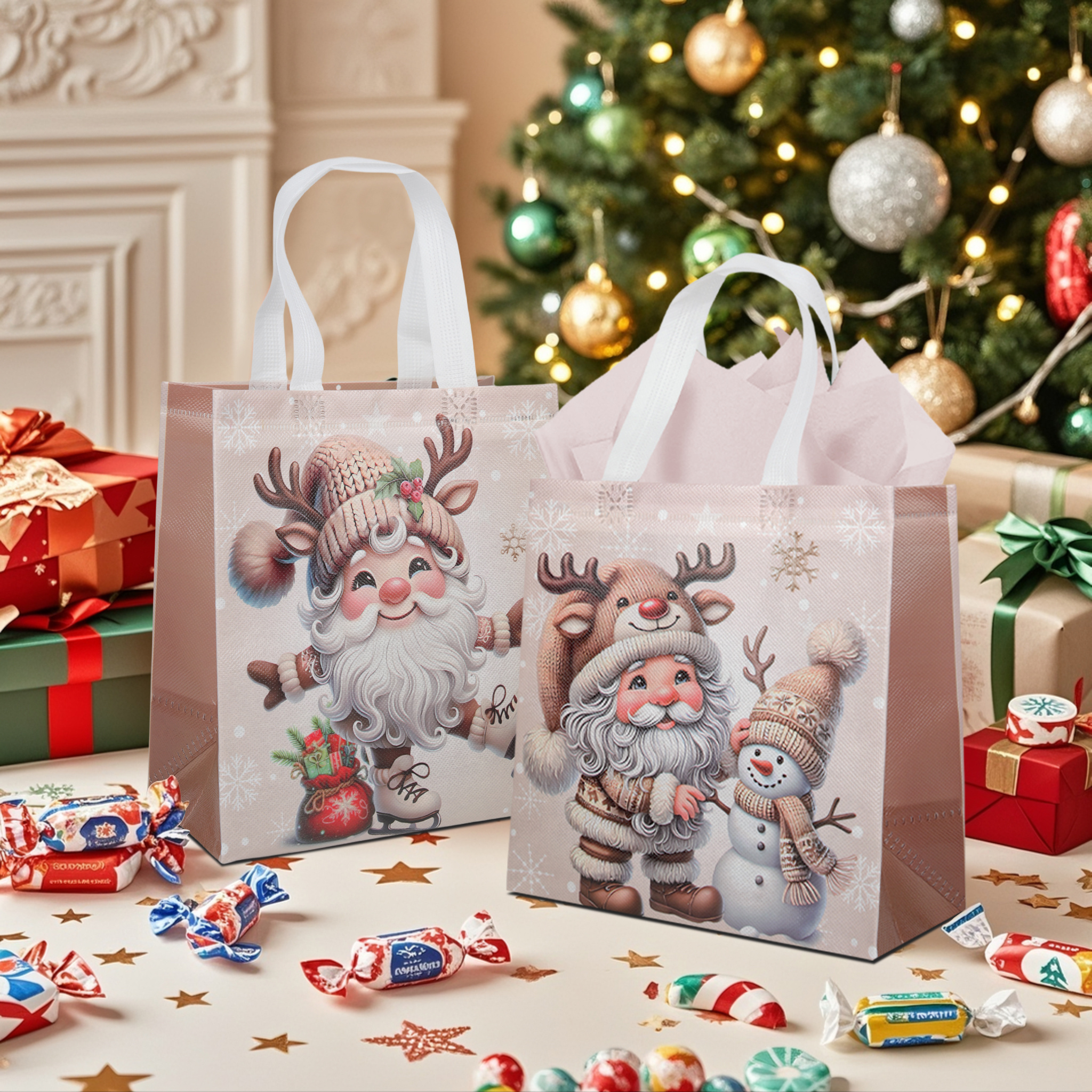 TEMU 20/40pcs Christmas-themed Gift Bags, High-quality Non-woven Waterproof Party Gift Bags With Santa Claus And Snowman Print Patterns, Suitable For