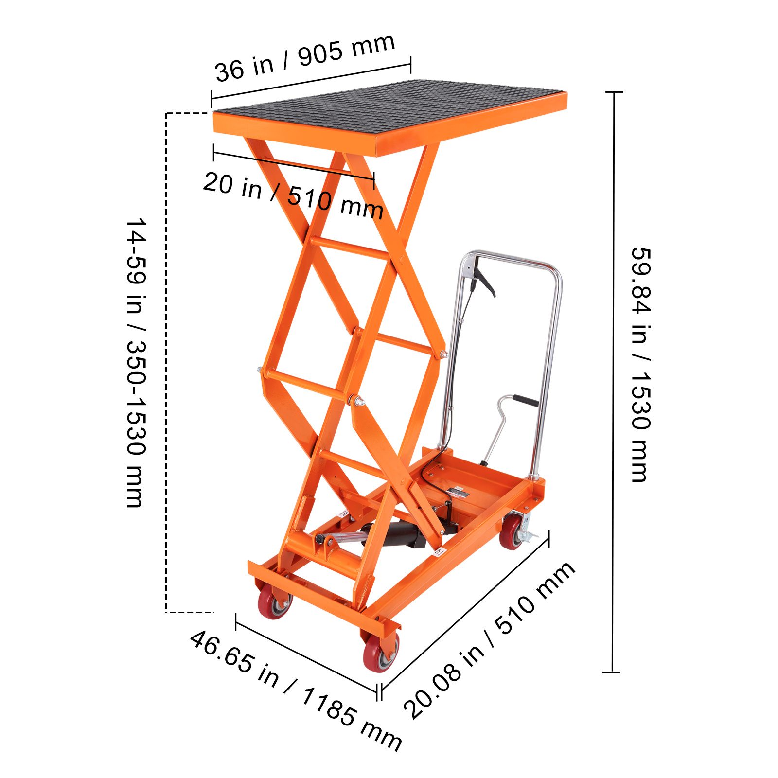 hydraulic lift table cart 770 1760lbs capacity 59 lifting height manual double scissor lift table with 4 wheels and non slip pad hydraulic scissor cart for material handling and transportation Product details 3