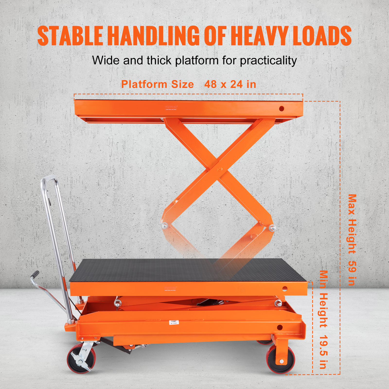 hydraulic lift table cart 770 1760lbs capacity 59 lifting height manual double scissor lift table with 4 wheels and non slip pad hydraulic scissor cart for material handling and transportation Product details 13