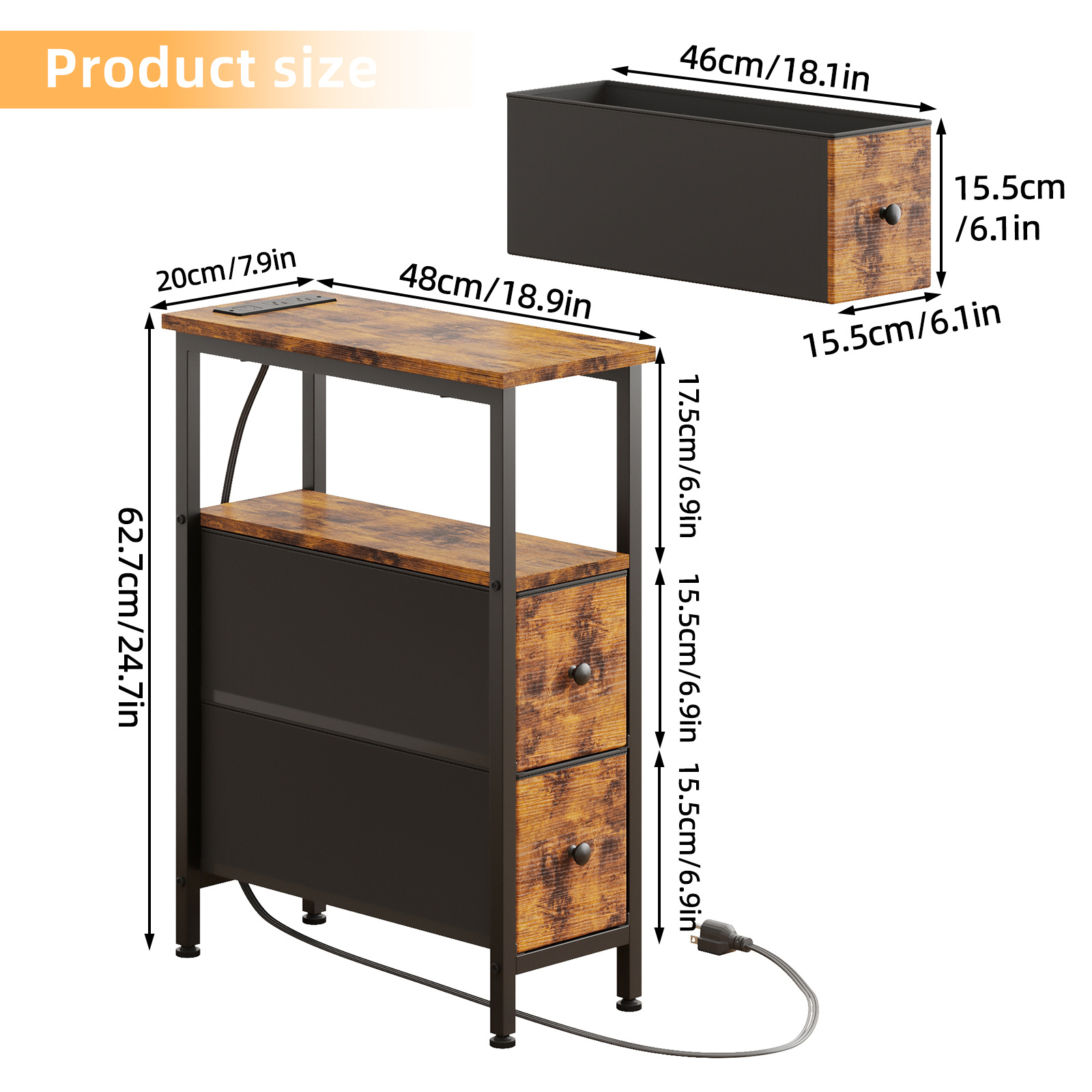 WHONLINE Narrow End Table Living Room with Charging Station, Skinny Side Table with Fabric Drawers, Slim LED Nightstand for Bedroom, Small Spaces, Couch, Rustic Brown