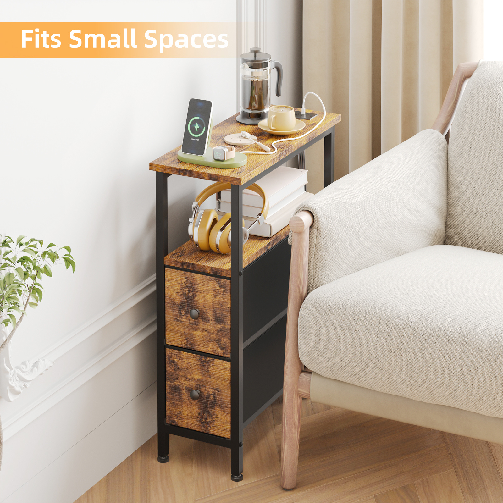WHONLINE Narrow End Table Living Room with Charging Station, Skinny Side Table with Fabric Drawers, Slim LED Nightstand for Bedroom, Small Spaces, Couch, Rustic Brown