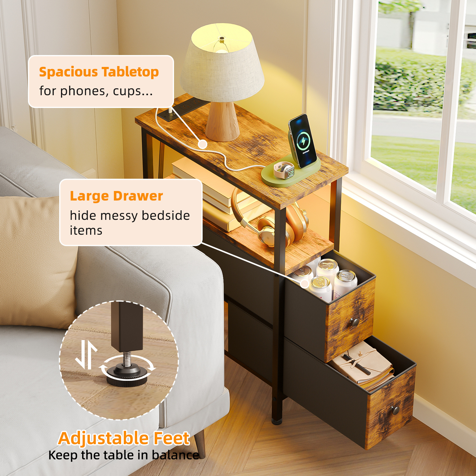 WHONLINE Narrow End Table Living Room with Charging Station, Skinny Side Table with Fabric Drawers, Slim LED Nightstand for Bedroom, Small Spaces, Couch, Rustic Brown