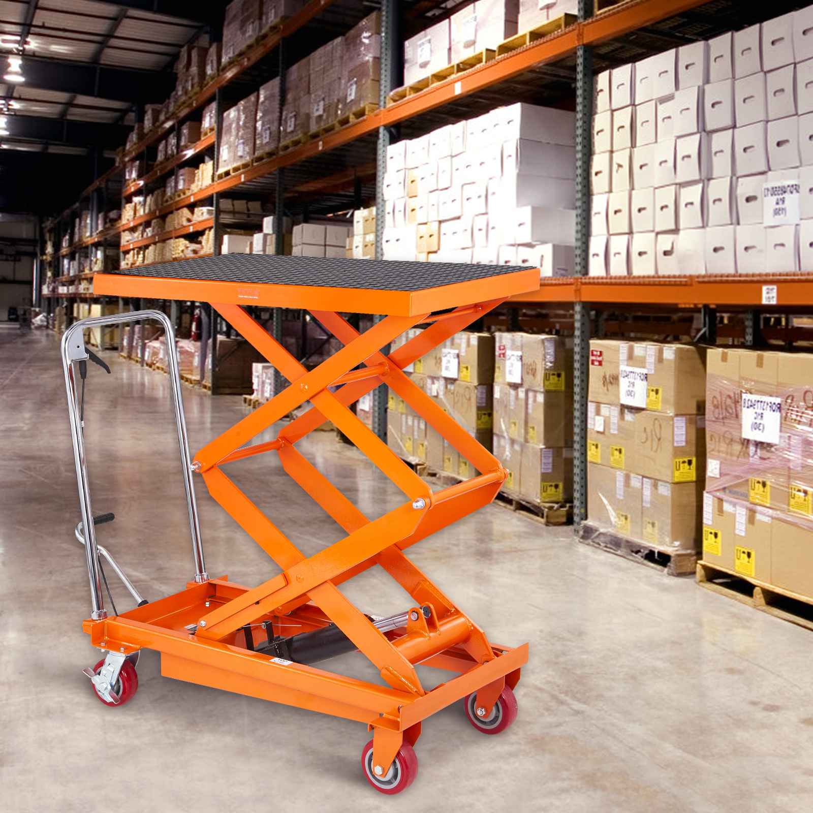 hydraulic lift table cart 770 1760lbs capacity 59 lifting height manual double scissor lift table with 4 wheels and non slip pad hydraulic scissor cart for material handling and transportation Product details 0