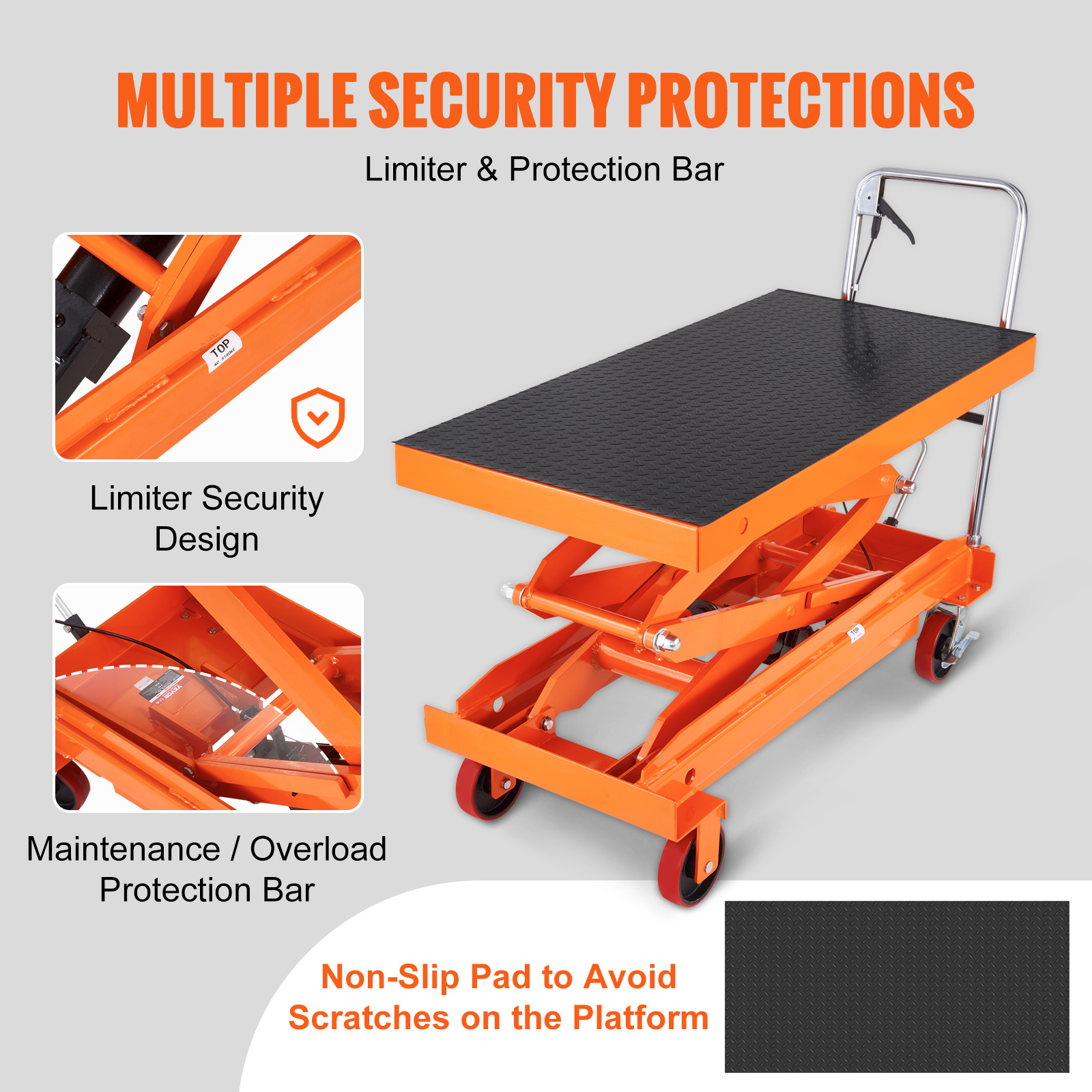 hydraulic lift table cart 770 1760lbs capacity 59 lifting height manual double scissor lift table with 4 wheels and non slip pad hydraulic scissor cart for material handling and transportation Product details 15