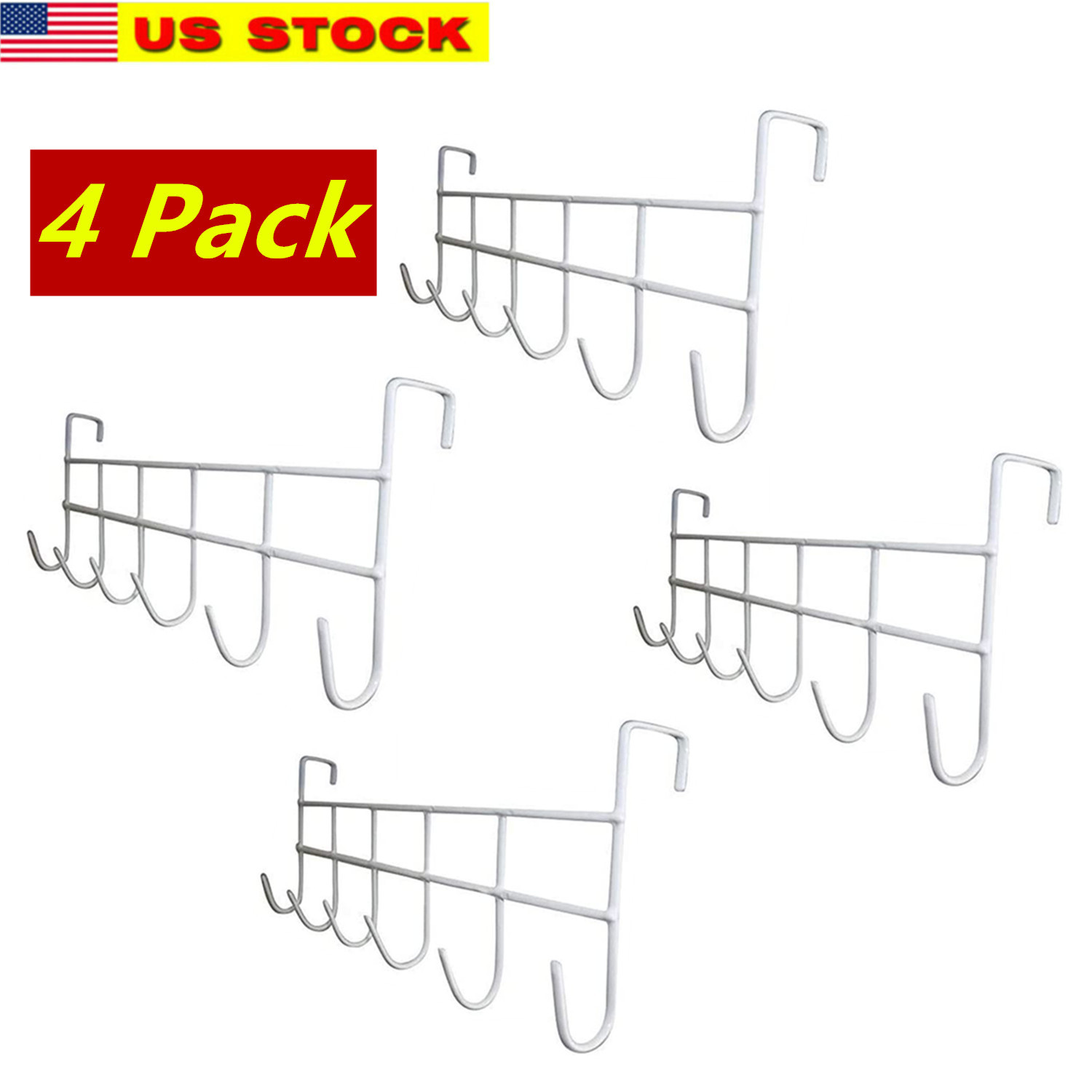 4 Pack Over The Door Hook, Hanger, Organizing Rack, Hanging For Coats, Hats, Towels, 6 Hook, White