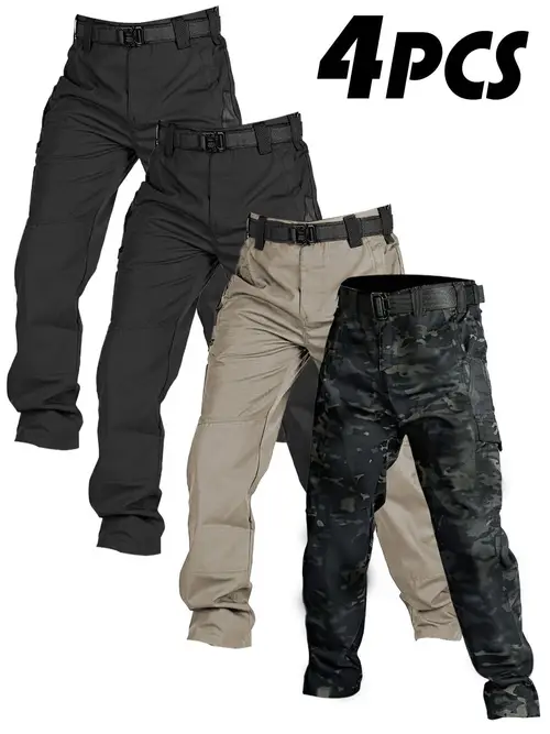 4pcs mens straight barrel cargo pants quick dry multi pocket wear resistant polyester fabric solid for outdoor activities hiking camping beach running training sports style