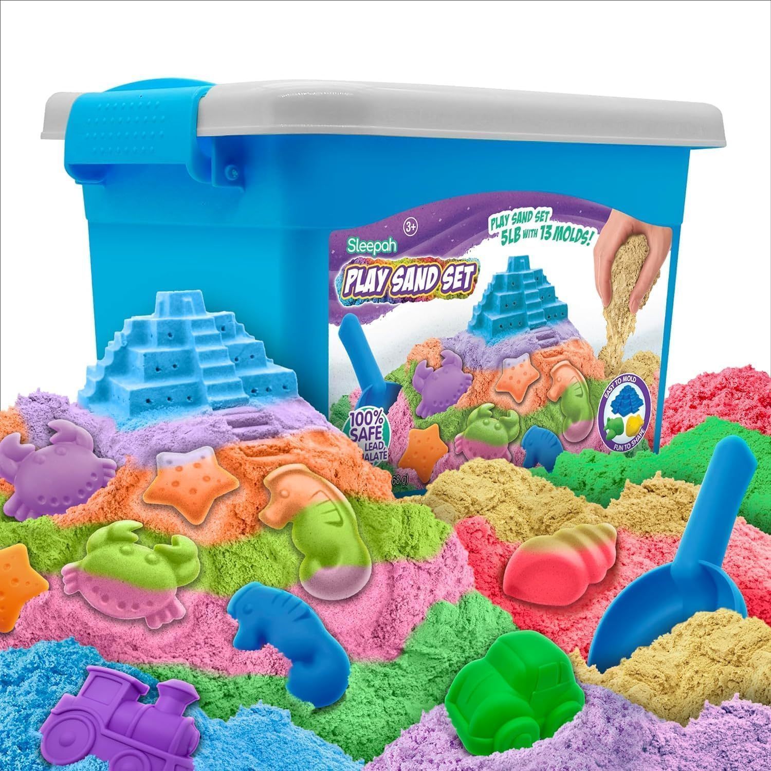 Sleepah Sensory Play Sand Set 5LB - Large Arts & Crafts Gift – No Mess Sensory Bin with Large Molds for Girls & Boys –Sandbox Activity Playsand Birthday Gift Kids 3 4 5 6 7 8 Years Indoor Outdoor Fun