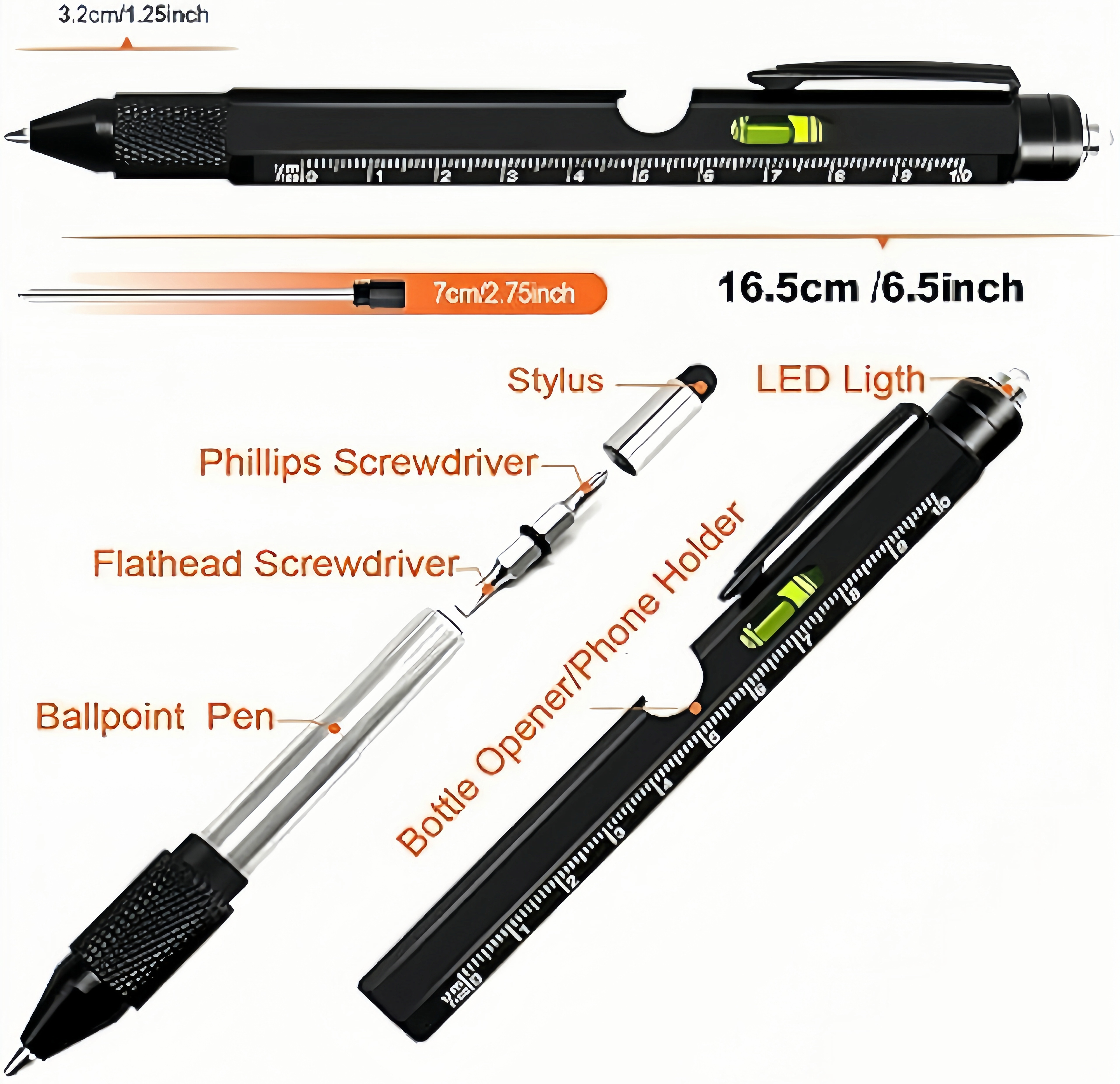 9 in 1 multitool pen engineering pen capacitive pen mobile phone bracket   pen led flashlight stylus level ruler bottle opener screwdriver unique birthday gifts for men dad husband Product details 3