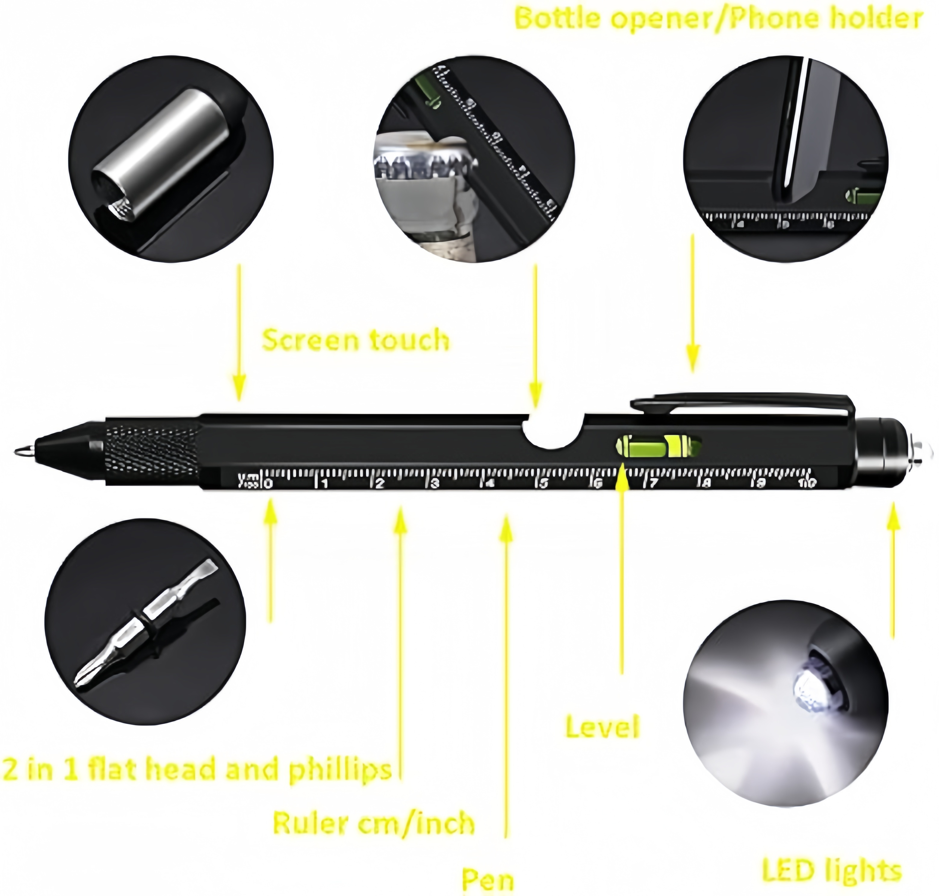 9 in 1 multitool pen engineering pen capacitive pen mobile phone bracket   pen led flashlight stylus level ruler bottle opener screwdriver unique birthday gifts for men dad husband Product details 1