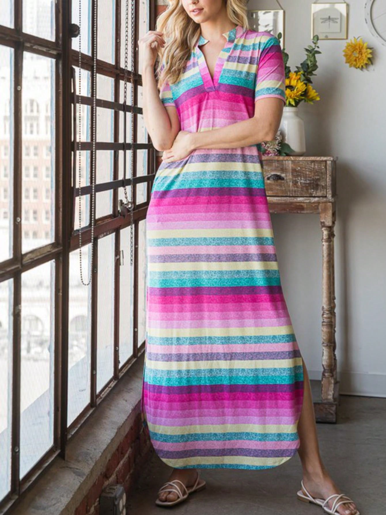 womens casual rainbow stripe chic side split maxi dress short sleeve v neck  colorful summer beach vacation holiday multicolor pastel stripes floor  length fit lightweight breathable resort wear | Shop Trends | Temu