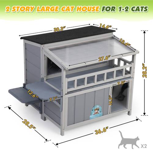 2 tier cat shelter with sunlight roof outdoor kitty cat house balcony jumping platforms porch enclosure weatherproof outside