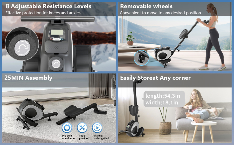 Rowing Machines,Magnetic Rowing Machine for Home Adjustable Resistance 8-Speeds, for Leg and Butt Toning,LED Display,Supports Up to 265 LBS Foldable Design for Easy Storage