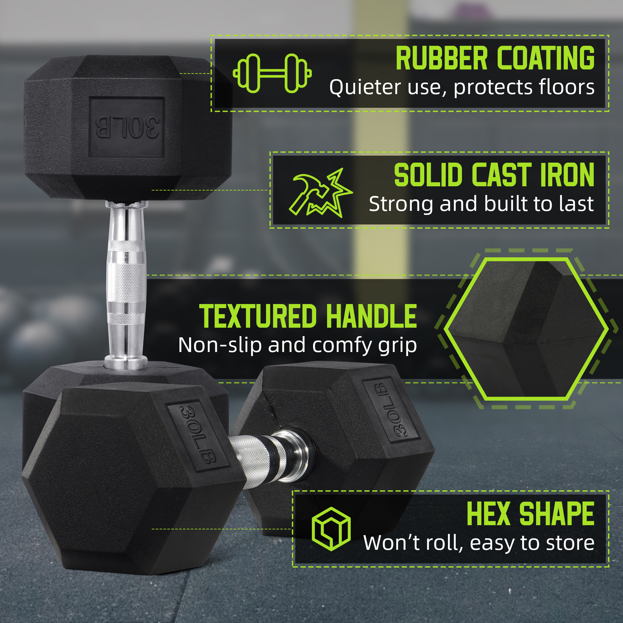 FITVIDS 25LB Pair Hexagonal Rubber Coated Dumbbell Set - Premium Fitness Weights for Home & Gym Workouts