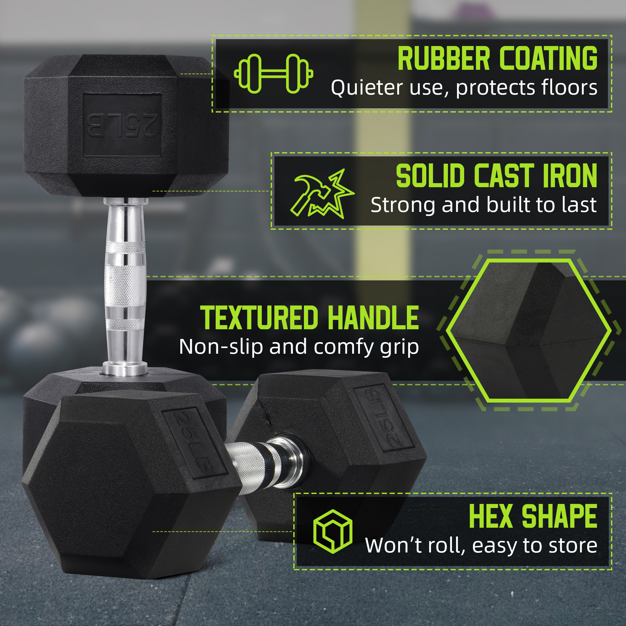 FITVIDS 25LB Pair Hexagonal Rubber Coated Dumbbell Set - Premium Fitness Weights for Home & Gym Workouts