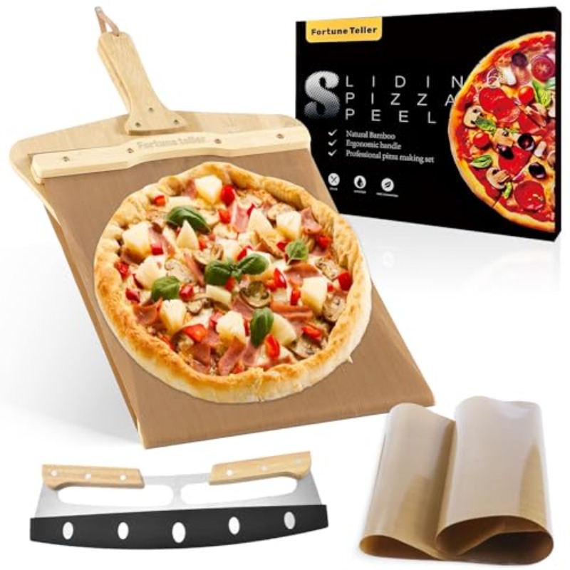 Sliding Pizza Peel Board - 12 Inch Non-Stick Paddle With Detachable Cutter, 22" Wooden Handle For Indoor/Outdoor Ovens