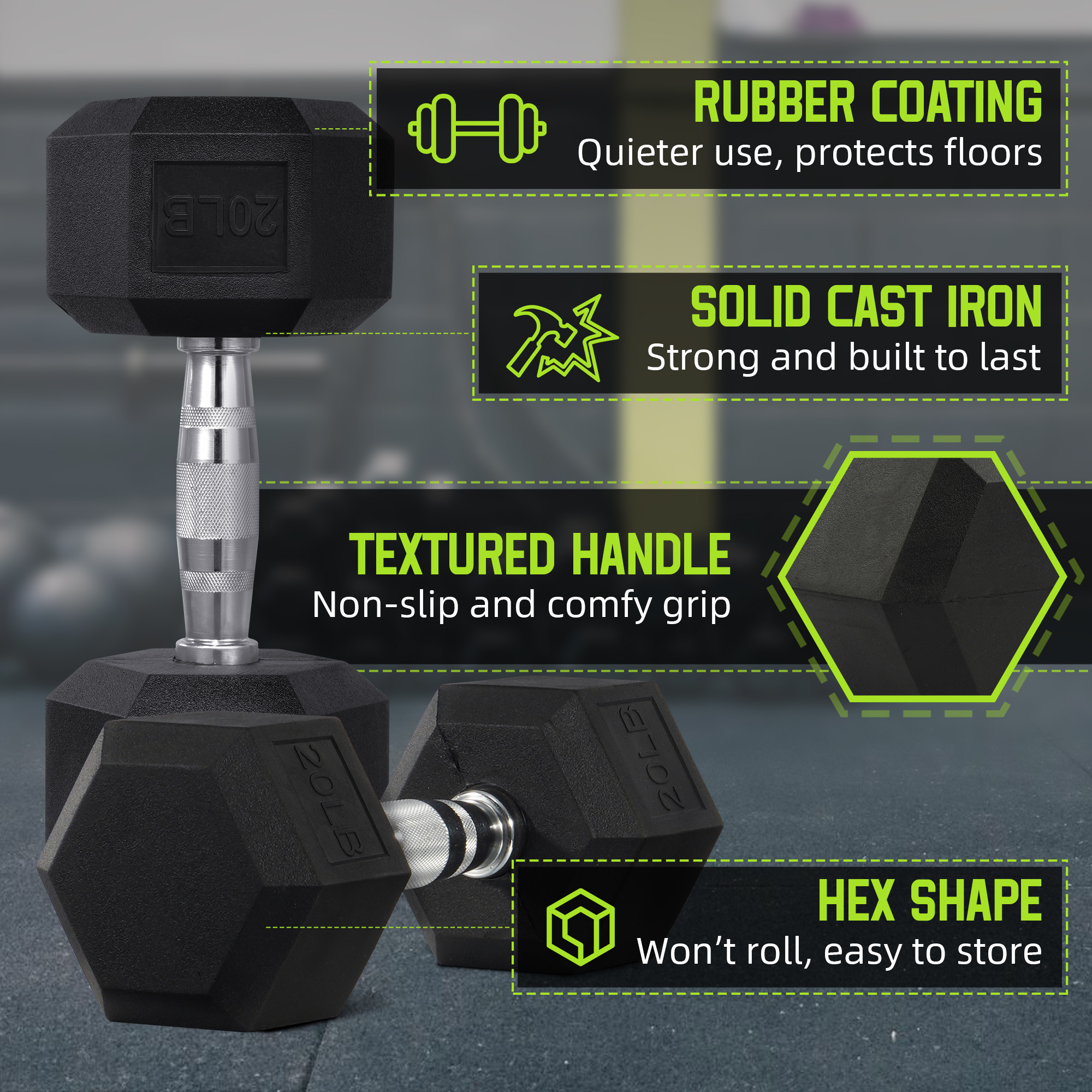 FITVIDS 25LB Pair Hexagonal Rubber Coated Dumbbell Set - Premium Fitness Weights for Home & Gym Workouts
