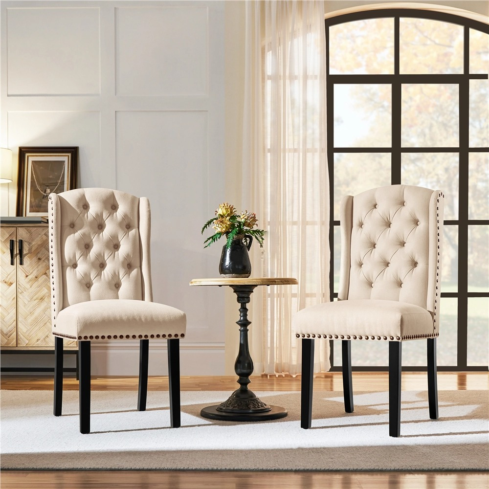 TEMU 2pcs Button Tufted Dining Chairs Set Upholstered With , Trims And Wood Legs For Kitchen Bedroom, Furniture For Home Clearance, Beige, Christmas Gift