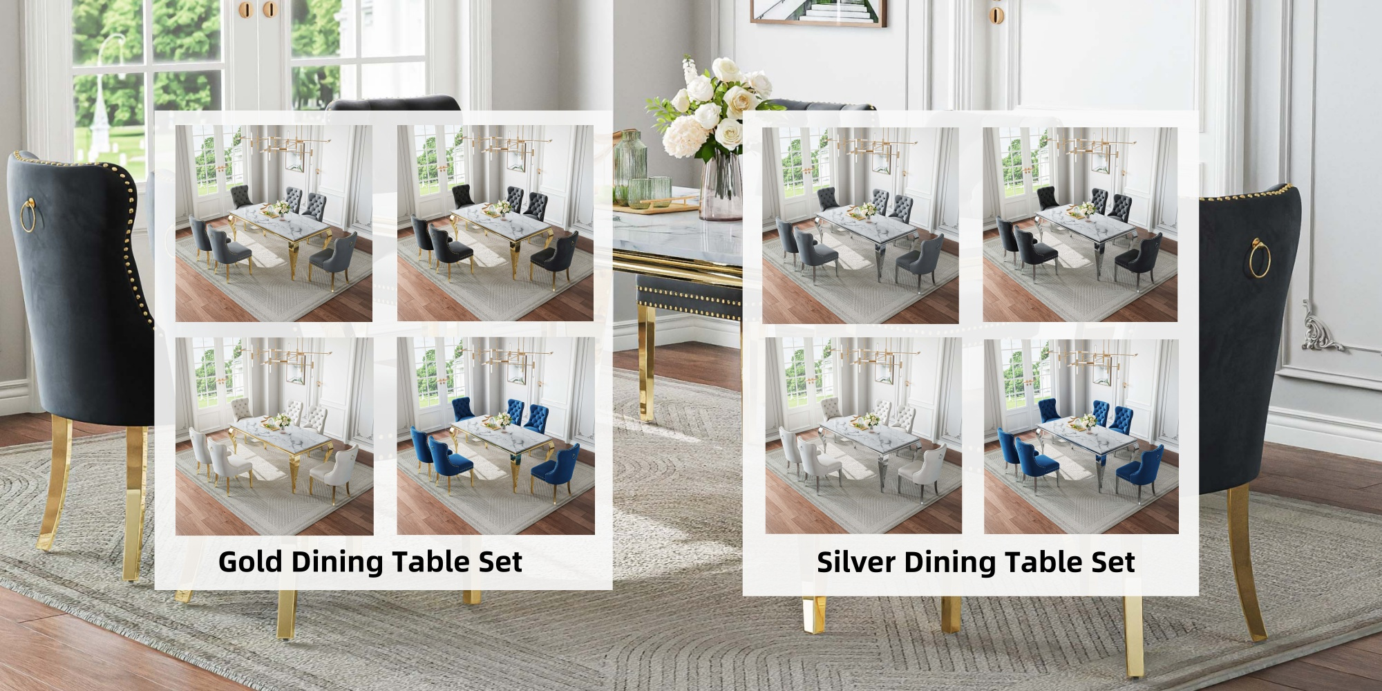 70 modern rectangle   marble dining table set for 5 7 piece luxury rectangle   marble table with 4 6 velvet tufted chairs   and dining room furniture silver gold     table set Product details 0