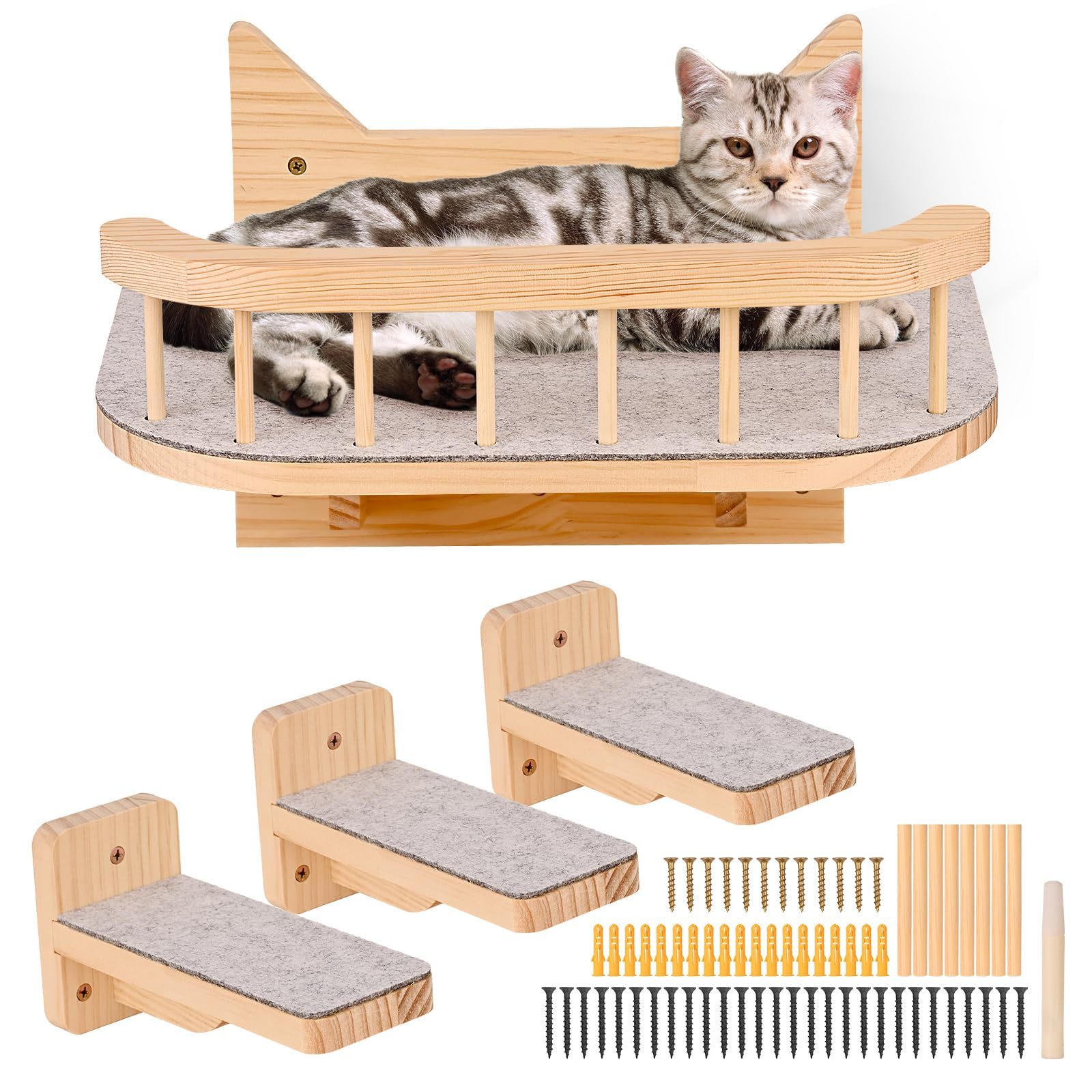 TEMU Cat Shelves For Wall With 3 Steps Scratch Post Indoor Walled Mounted Cat Bed With 6 Felt Pad Wood Cat Bed Hammock With Climbing Shelf For Cats Support 20 Lbs