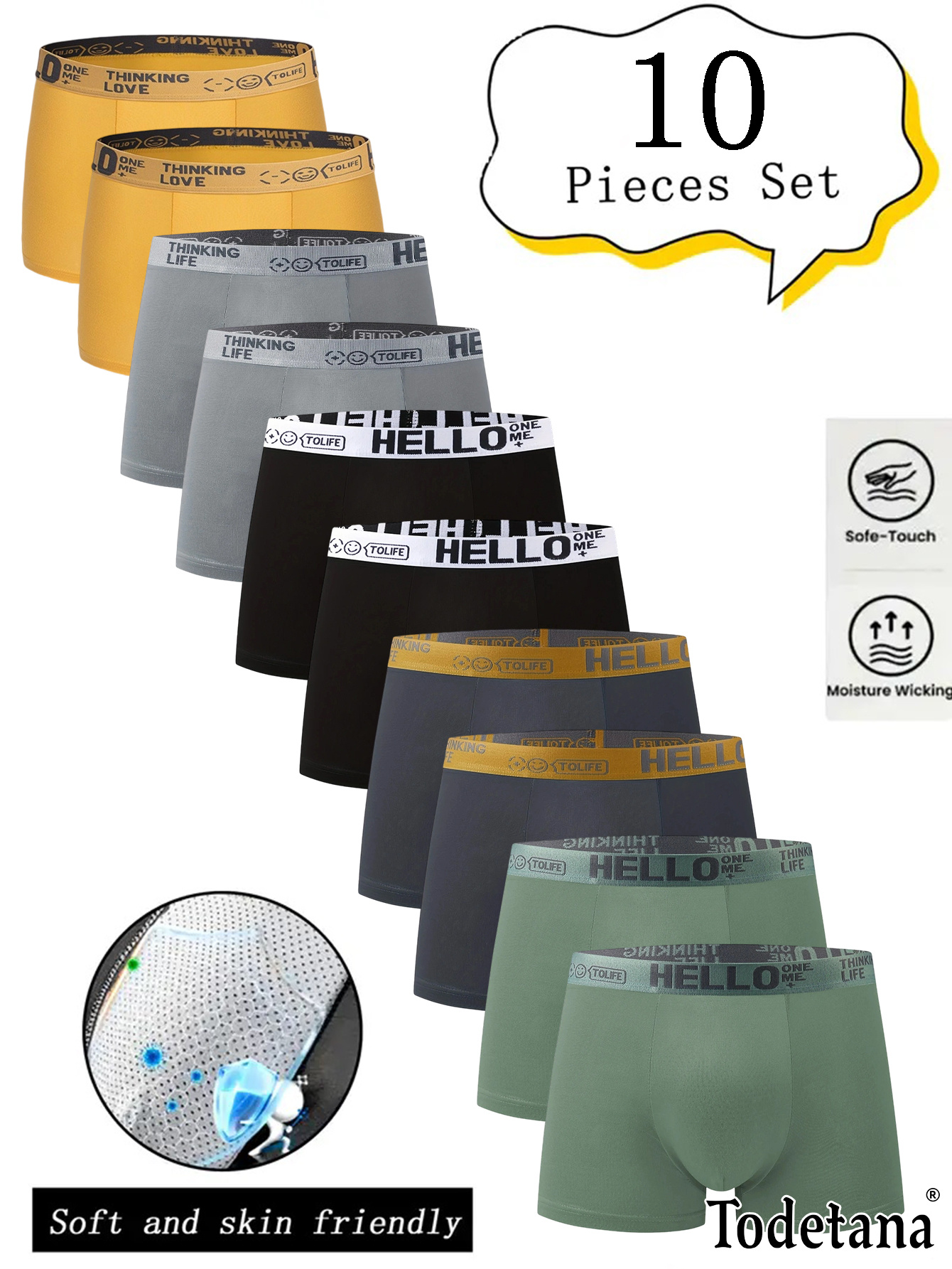 10pcs men s   boxer briefs with hello waistband - breathable polyester blend,  -stretch  , machine washable, assorted colors for casual & sports underwear, everyday  , stylish underwear,   details 0