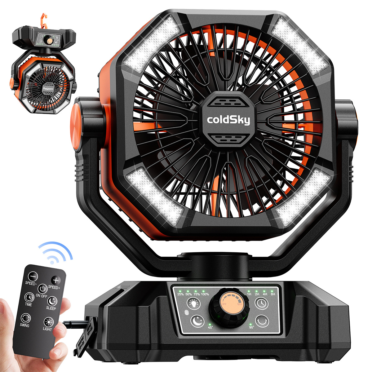 TEMU Rechargeable Table Fan With Led Light & Remote Control, Portable Fan With 8 Speed , Battery Operated Fan Big Size With Hook For Home, Office, Kitchen