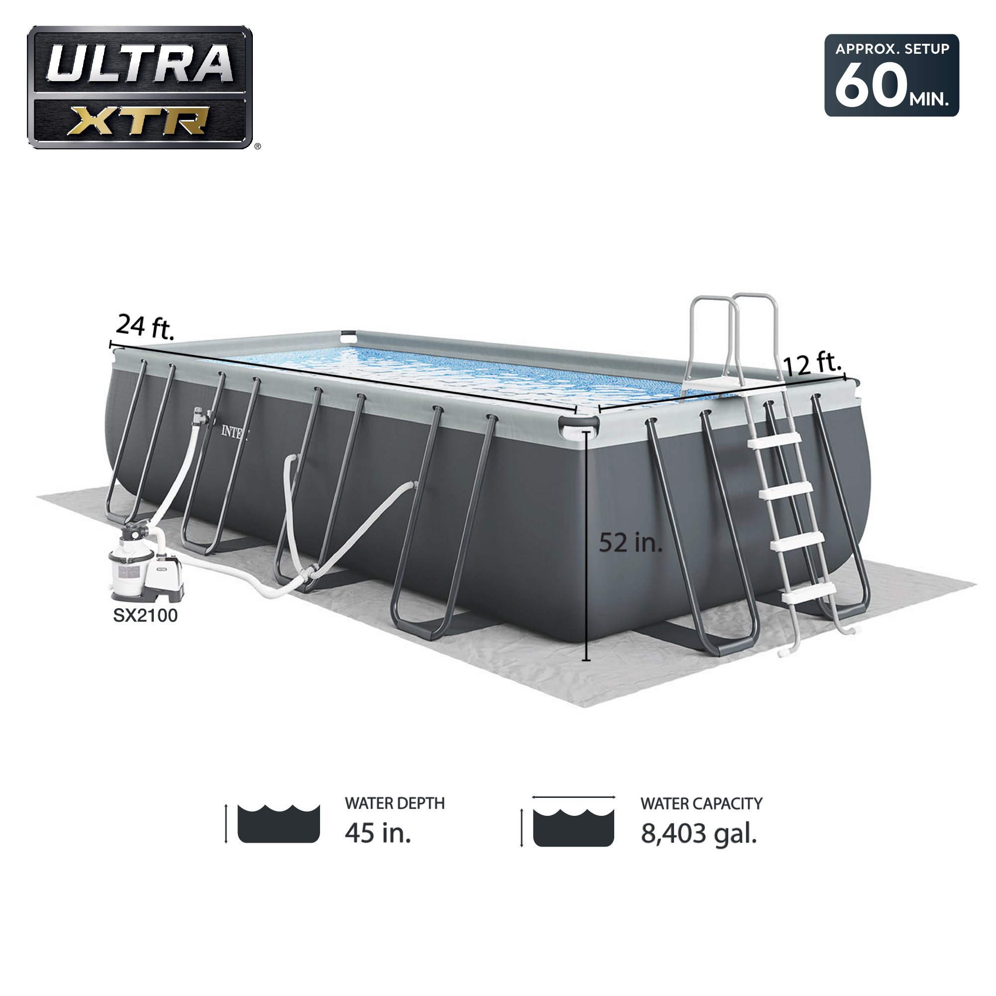 26363eh   deluxe rectangular above ground swimming pool set   x 12ft x 52in   2100 gph sand filter pump   puncture resistant rust resistant easy to assemble Product details 6