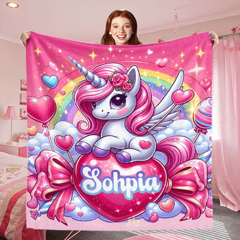 Custom Pink Unicorn Flannel Blanket