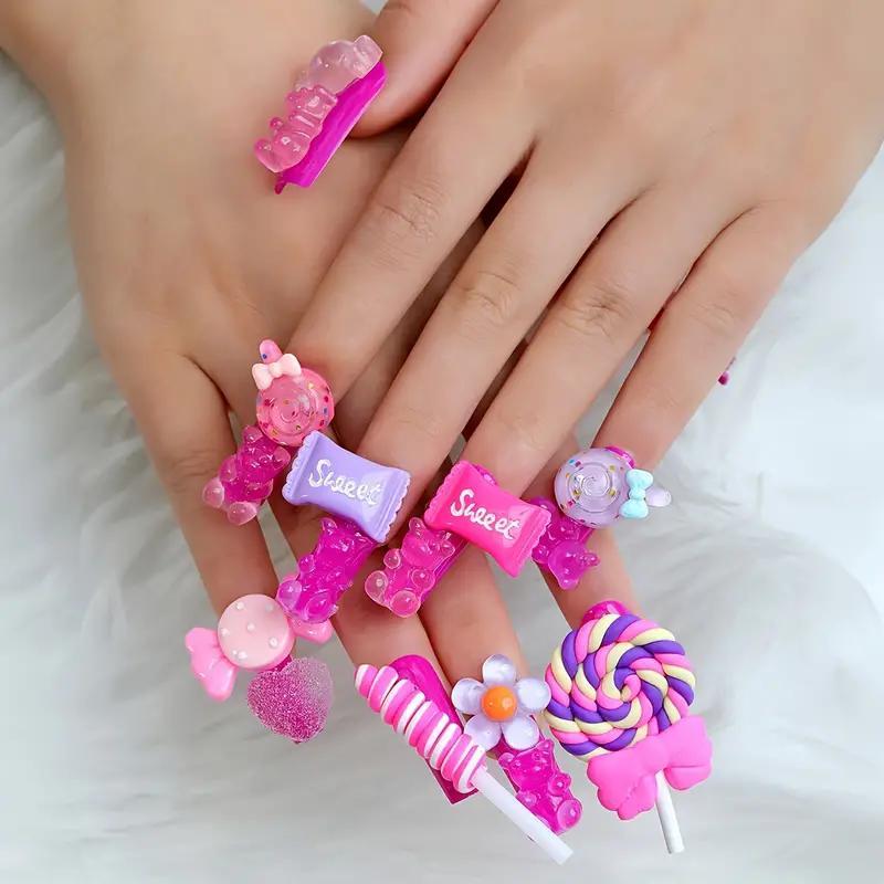 

24pcs 3d Candy Press-on Nails, Long Coffin With Adorable 3d Flower, Bear And Heart Designs, Easter Celebrations And .