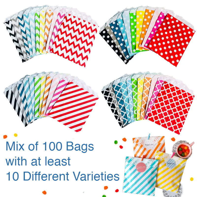 TEMU Pack Of 100 Pcs Paper Mixed Patterns Treat Bags Clover Polka Dot Wavy Chevron Print Striped Styles Food Grade Goodie Bags