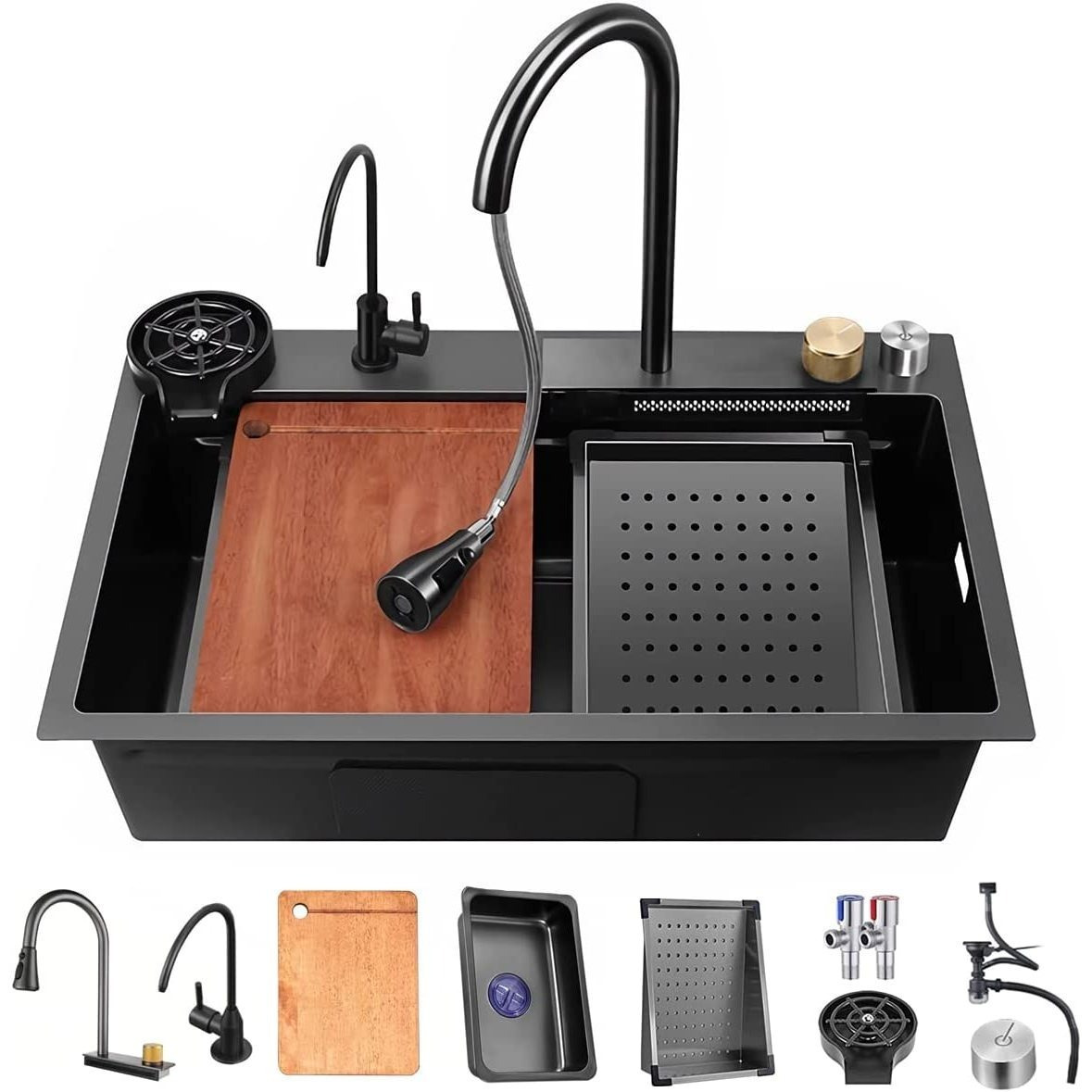 33x22 Inch Stainless Steel Single Bowl Kitchen Sink with Pull-Down Waterfall Faucet Set