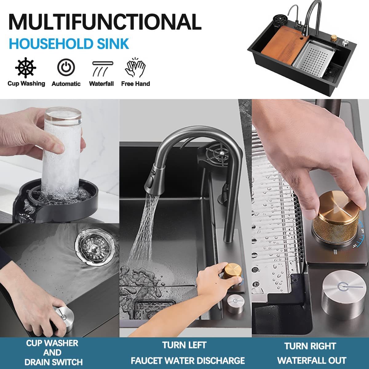 33x22 Inch Stainless Steel Single Bowl Kitchen Sink with Pull-Down Waterfall Faucet Set